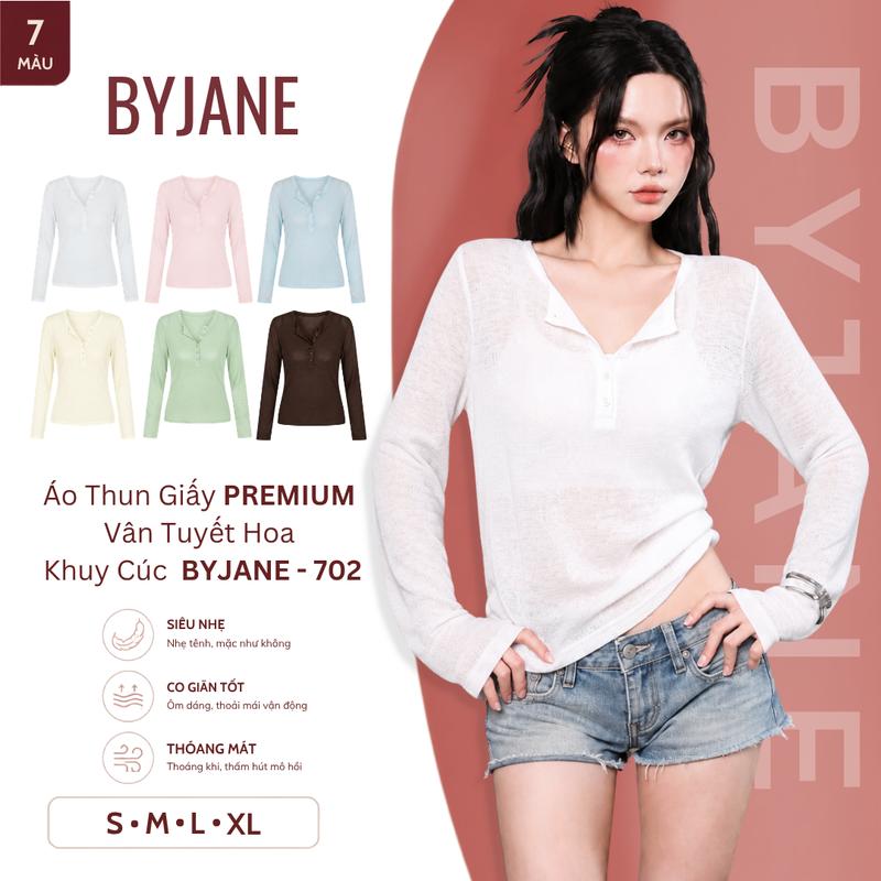 [ MỞ BÁN - PREMIUM ] Áo Thun Nữ Chất Thun Giấy PREMIUM Vân Tuyết Hoa Mềm Mịn Tay Dài Cổ Khuy Cúc QC Phong Cách Hàn Quốc Thư Thái, Thanh Lịch, Thoải Mái  BYJANE - 702