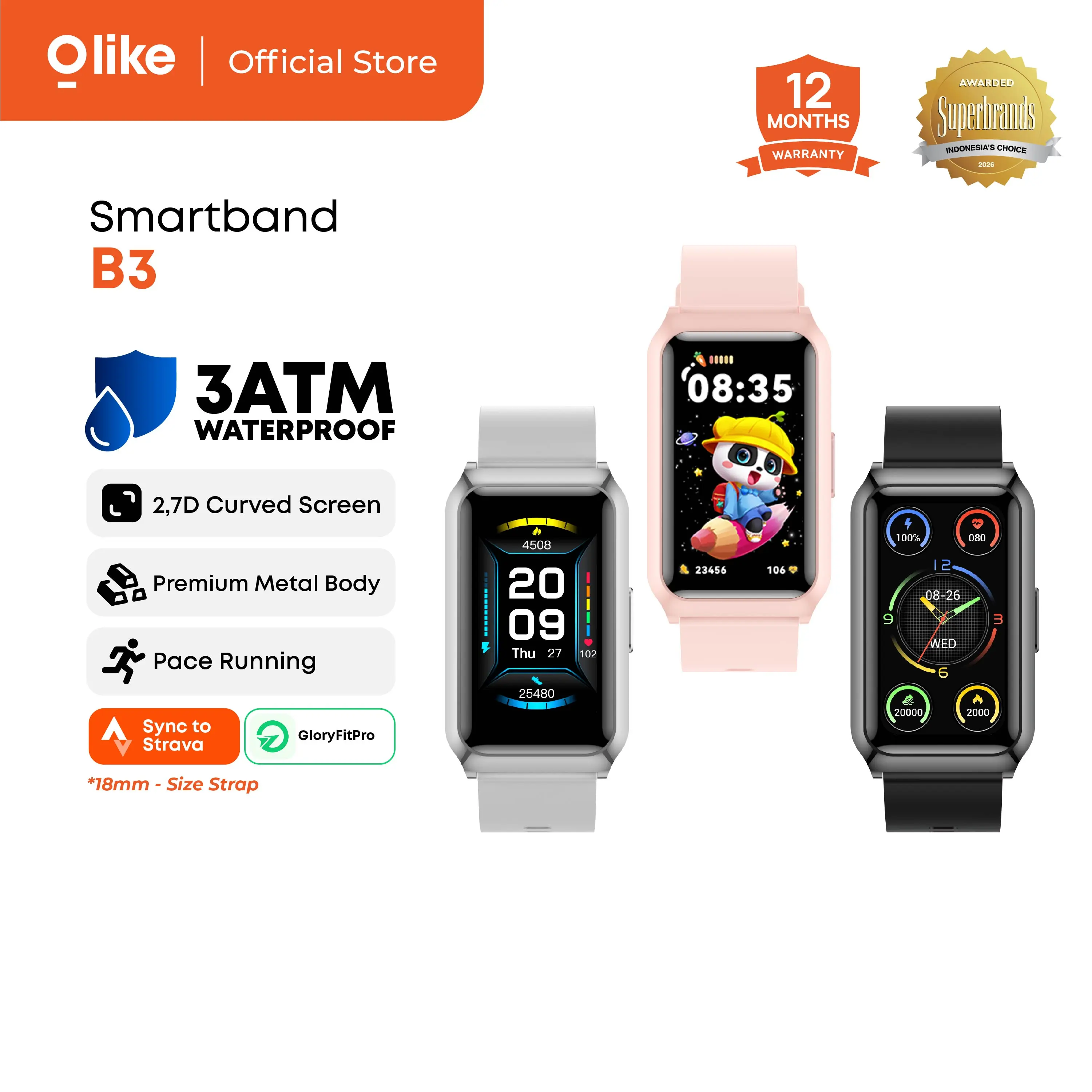 Olike Smartband B3 3ATM Waterproof up to 30 Meter | Jam Tangan Pintar Layar HD 1,83" | 20 Hari Standby | Smart Band Health Monitor Sync Strava | Black, Silver, Pink, Purple | Garansi 1 Tahun