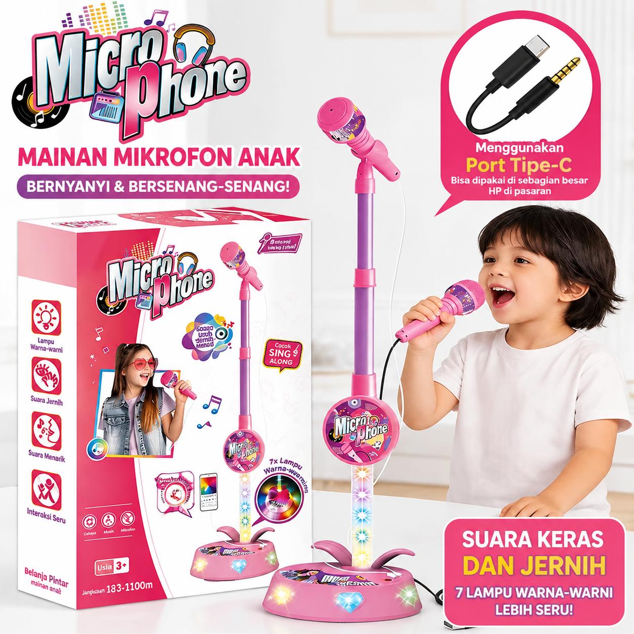 Mikrofon Karaoke Anak LED + Stand, Mainan Bernyanyi Anak Perempuan Laki-laki, Lampu 7 Warna, Kualitas Suara Jernih, Kabel Type-C