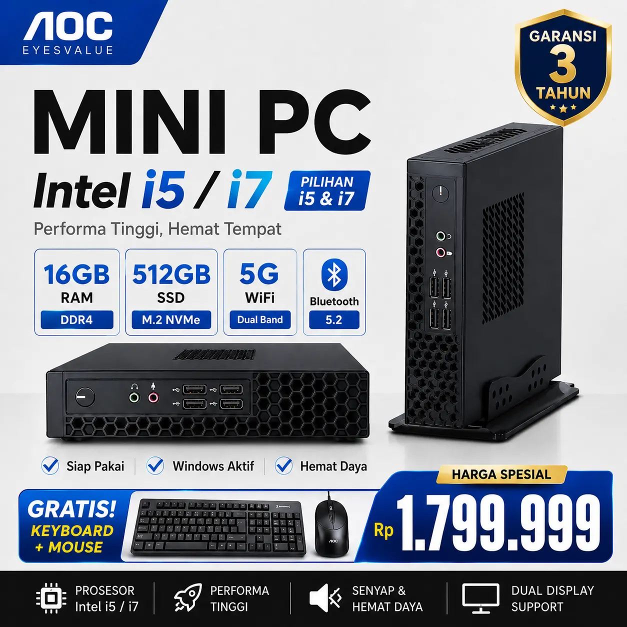 AOC MOSS M3 PC N150 Gaming Full Set ITX//Mini Komputer Desktop Kantor Prosesor Intel i5/i7 Mendukung WIFI/Bluetooth Keyboard & Mouse Gratis