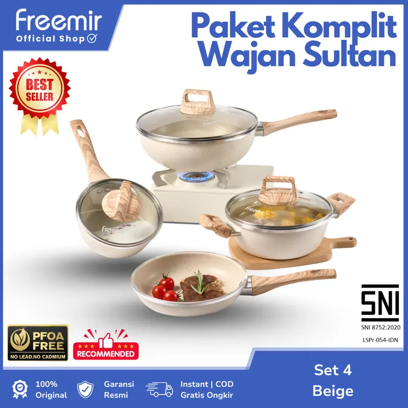[SPECIAL LIVE]  freemir 4 Pcs Set Wajan Panci Anti Lengket Super Wok Pan Premium Beige Tutup Kaca Original Jumbo Besar Lengkap 1 Set Kitchenware 0