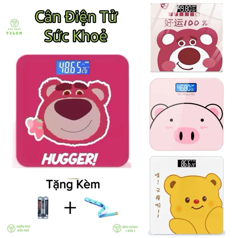 Cân điện tử sức khỏe theo dõi cân nặng giảm cân - Hình Gấu Dâu Hồng + Gấu Dâu Trắng + Cân Heo Hồng (Tặng Kèm Pin + Thước Dây)