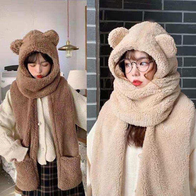 Khăn quàng cổ 3 trong 1, Mũ tai gấu Nhồi Bông Khăn quàng cổ và găng tay trong một, Khăn Quàng Cổ có mũ trùm đầu ấm áp dễ thương, dành cho phụ nữ
