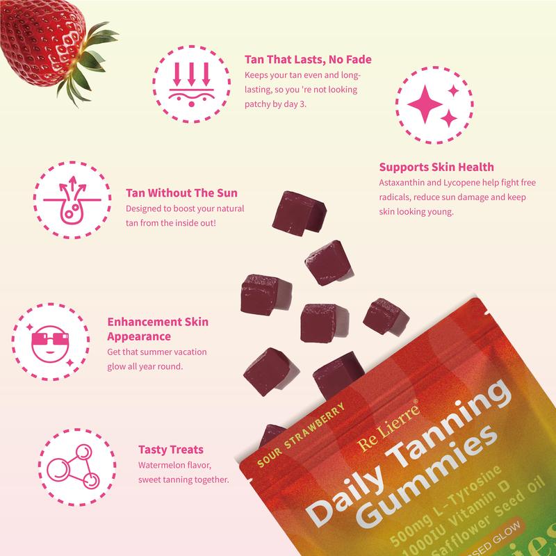 Product Introduction of Tanning Gummy, with L-tyrosine, Vitamin D+E, Beta-carotene, & Safflower Seed Oil for Skin Health & Glow, Vegan, Non-GMO, Sour Strawberry Flavor 40 gummies, Accelarate Tanning Process Supplement Dietary Healthcare Fitness Edible Beauty Optimum 5
