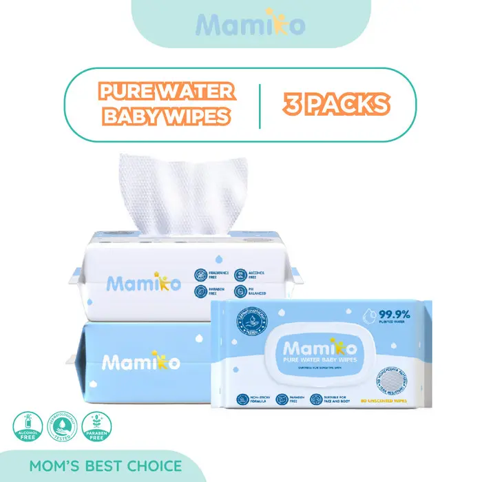 Mamiko Pure Water Baby Wipes - Tisu Basah Bayi 80s (3 Pack) 0