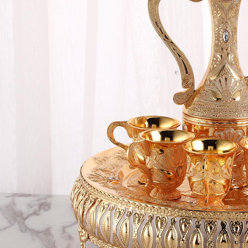 Product Introduction of 7PCS/Set Teko Arab Aladin Gold Warna Emas Ornament Set Gelas Anggur Kendi Tea pot Elegant Buatan Mesin Tea Sets 2
