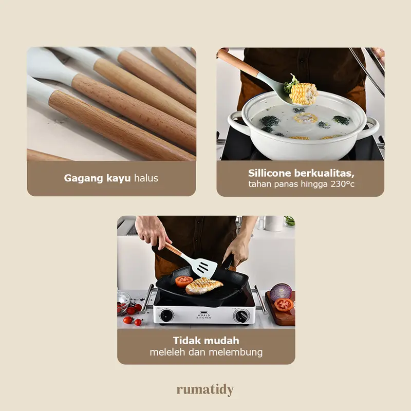 SILY Spatula Set 12pcs Alat Masak Silicone Sodet Steak Clip Set Oil Brush Kitchen Cooking Kayu Kitchenware 4