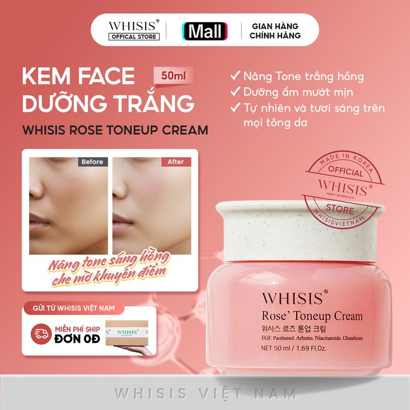 Kem Lười Nâng Tông Dưỡng Sáng Làm Đều Màu Da Từ Tinh Chất Hoa Hồng Whisis Rose Toneup Cream 50ml - Sáng Hồng Căng Bóng