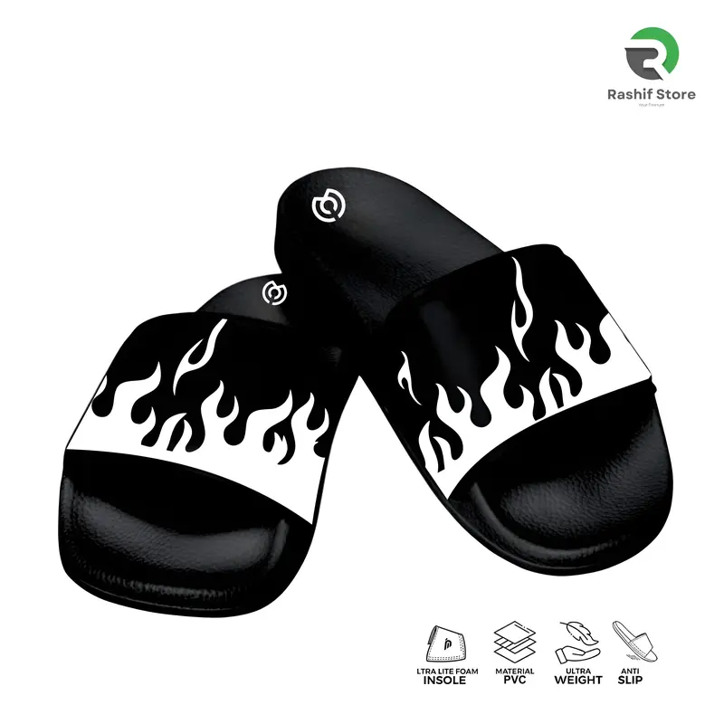 Sandal Selop Pria Kekinian RFS Motif Api Hitam Putih, Kasual dan Trendi - Shoes Karet PVC Sendal 0