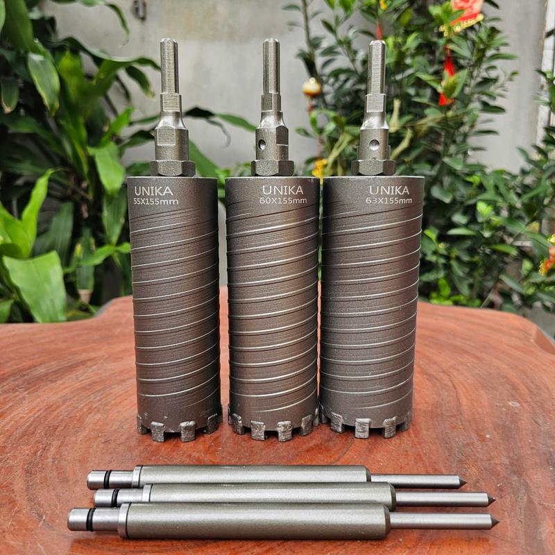 Mũi Khoan Rút Lõi Bê Tông UNIKA Phi 55, 60, 63 Dài 155mm Chuôi Lục, Có Định Tâm, Mũi Rút Lõi Điều Hòa