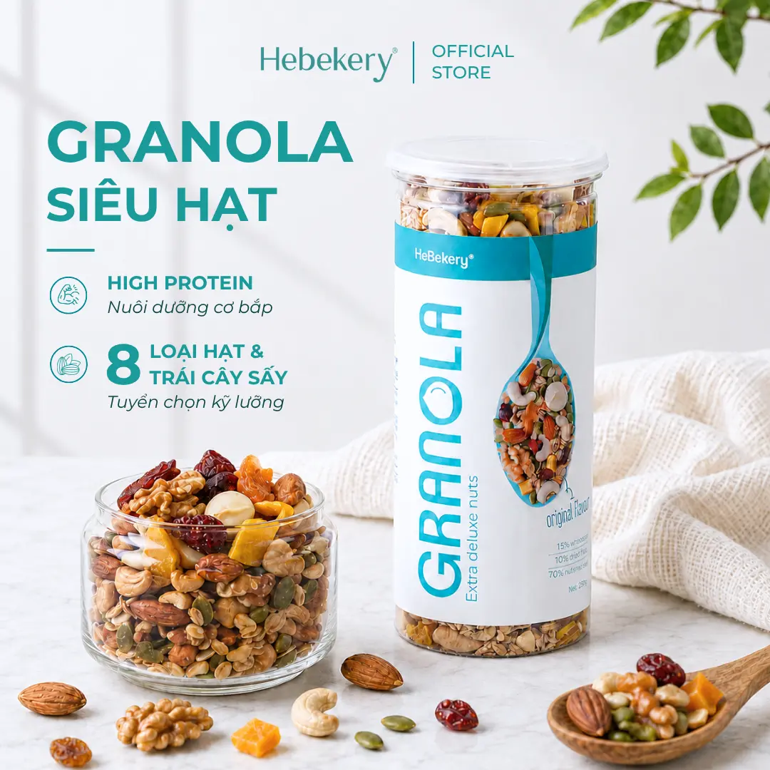500gr Granola Siêu Hạt HIGH PROTEIN Dinh Dưỡng - 3 Vị Truyền Thống, Cacao, Matcha - Thành Phần 8 Loại Hạt & Trái Cây Sấy - Vị Ngọt Thanh Dịu Từ MẬT ONG - Ngũ Cốc Healthy Dinh Dưỡng