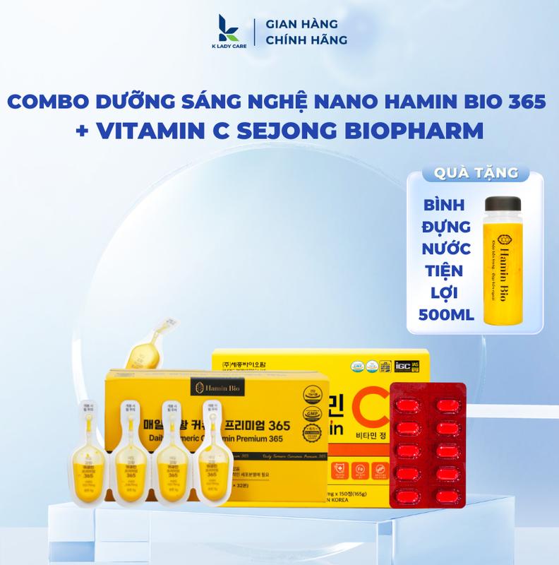 Combo dưỡng sáng tinh chất nghệ Nano curcumin Hamin Bio 365 Premium hộp 32 tép Hàn Quốc + Viên uống vitamin C Sejong Biopharm 150 viên