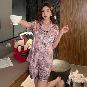 Piyama wanita kardigan sutra es baru yang dipakai di rumah dengan tinta set Celana Panjang Pendek Satin Atasan Setelan 8