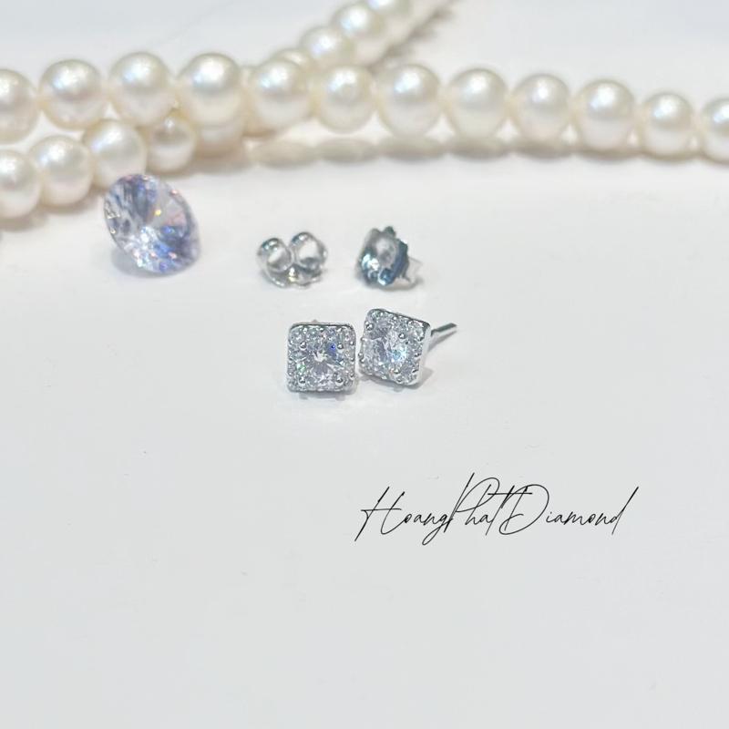 [ Hoàng Phát ] Phụ Kiện Bông Tai Bạc Ý 925 Halo Nụ Vuông Bầu Tấm Nhỏ 3li Nam Mỹ Xi Kim Phù Hợp Nam Nữ (B40A)