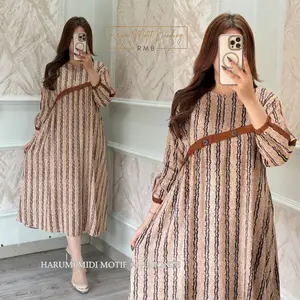 HARUMI MIDI DRESS BY RMB - Katun Rayon Motif Premium Flowy & Elegan Resleting Depan Busui Tangan Wudhu Friendly Saku Kanan