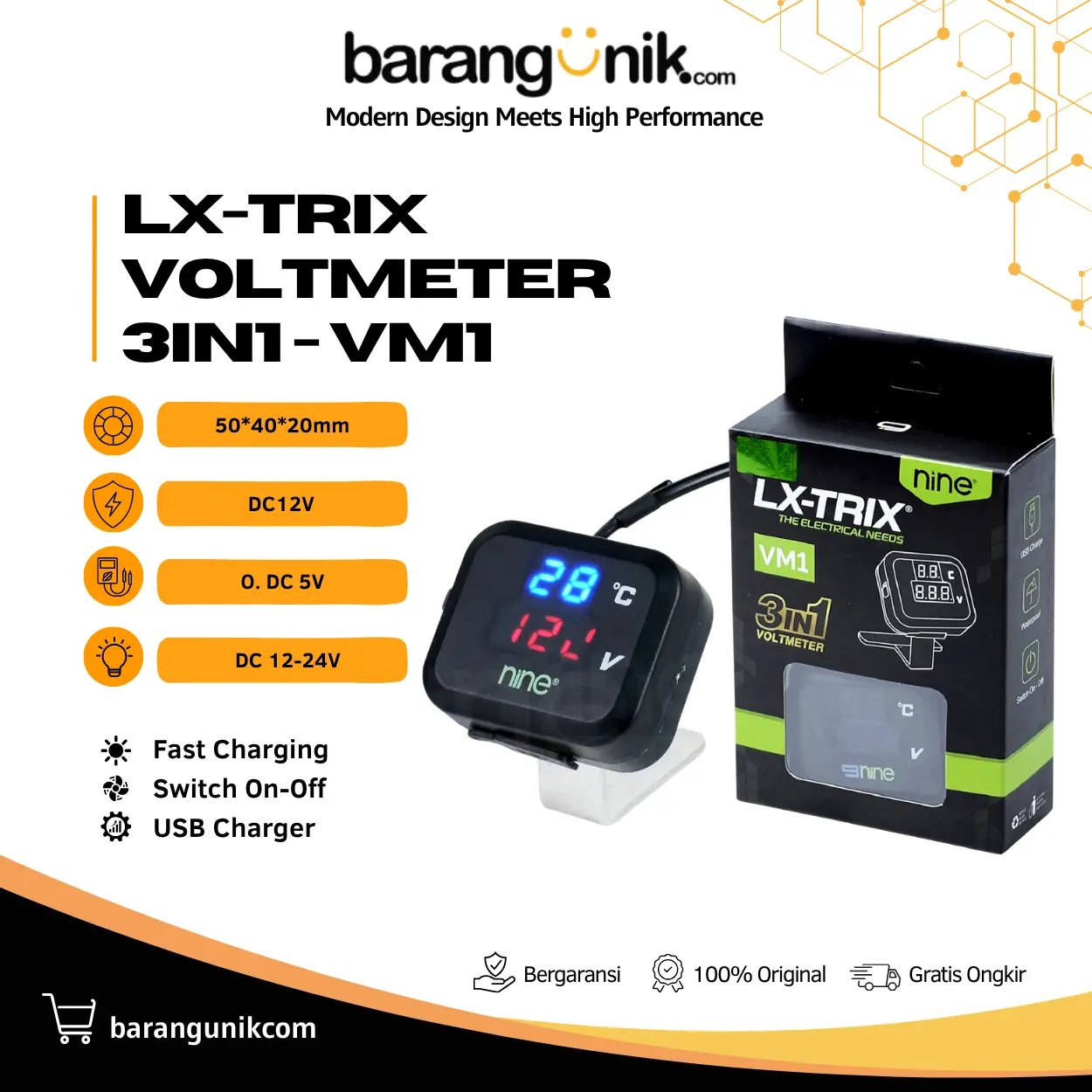 Voltmeter Digital 3 In 1 Voltase Suhu Charger USB Ampere Bracket Spion Motor LED Pengukur Voltase Dan Suhu Kendaraan WATERPROOF VM1