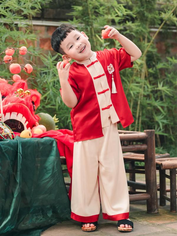  Set trung thu bé trai ILABY áo gấm đỏ tay ngắn kèm quần lụa kem viền đỏ cho bé trai 2–12 tuổi CÁT KHÁNH  3707  