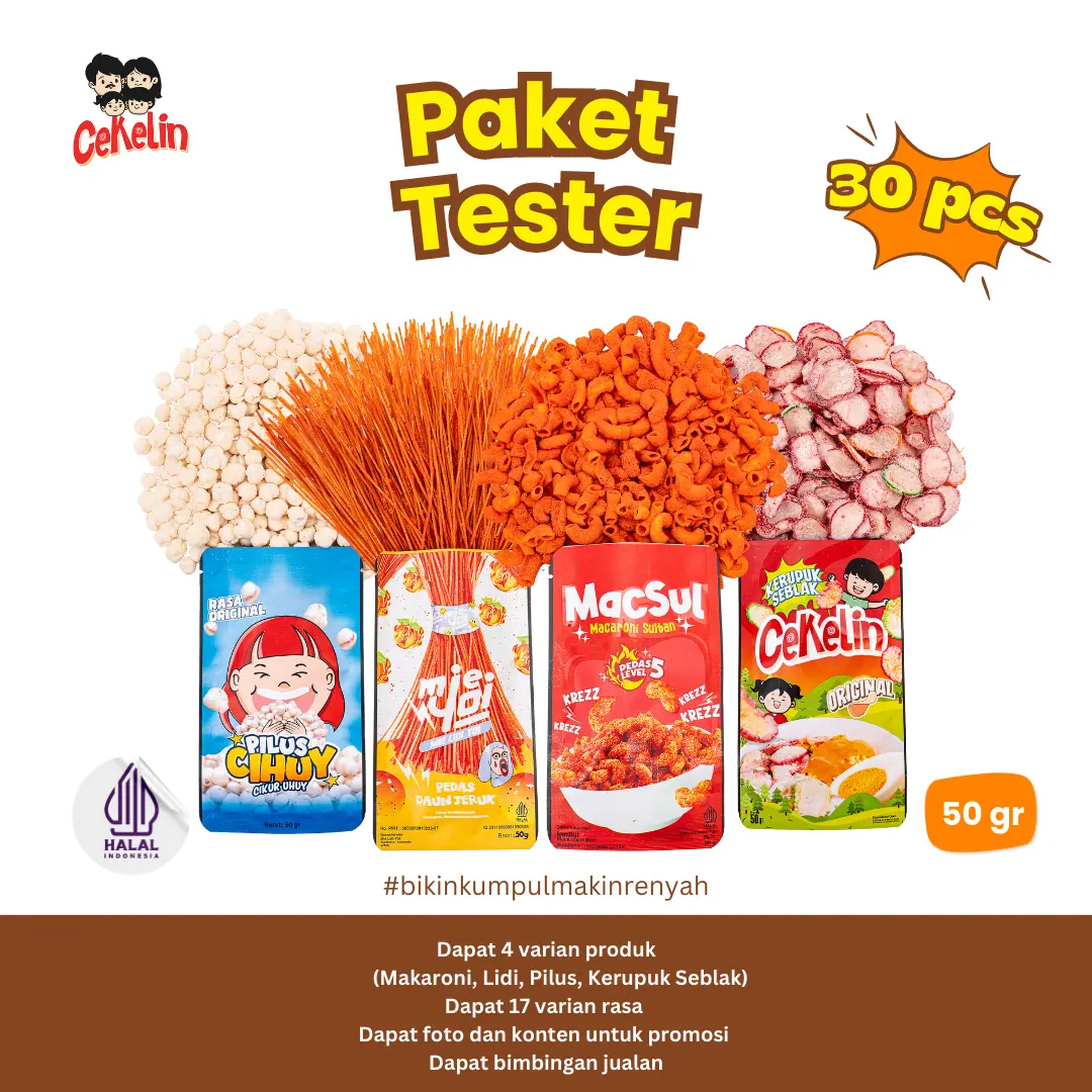 CEKELIN Cemilan Paket Tester 30pcs - Makaroni Mie Lidi Pilus Cikur Kerupuk Seblak - Isi 4 Varian  Snack