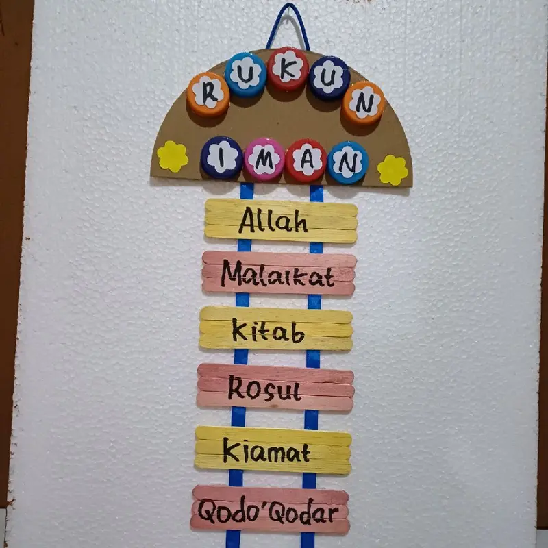 prakarya hiasan dinding rukun islam dan rukun iman dari stik eskrim dan tutup botol 5