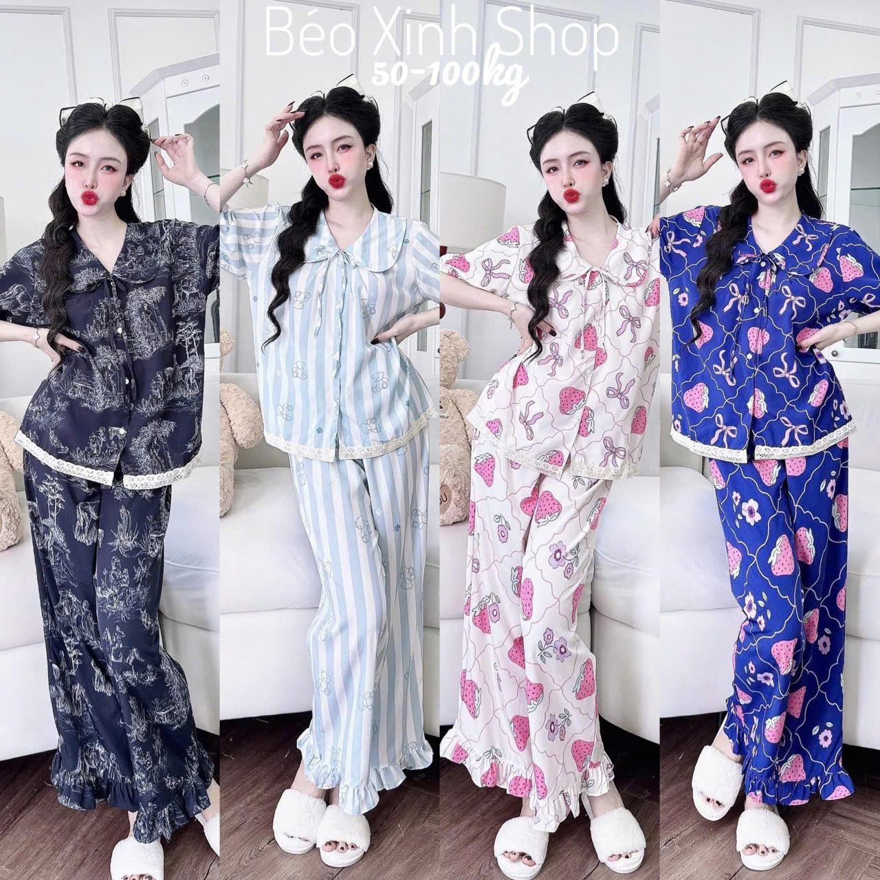 Đồ Bộ - Đồ Ngủ Tay Ngắn Quần Dài Vải Lụa Nhật Phối Ren Tiểu thư Pijama Bigsize 50-100kg Bộ Ngủ Nữ Áo Ngủ Women Quần Ngủ - A.5443