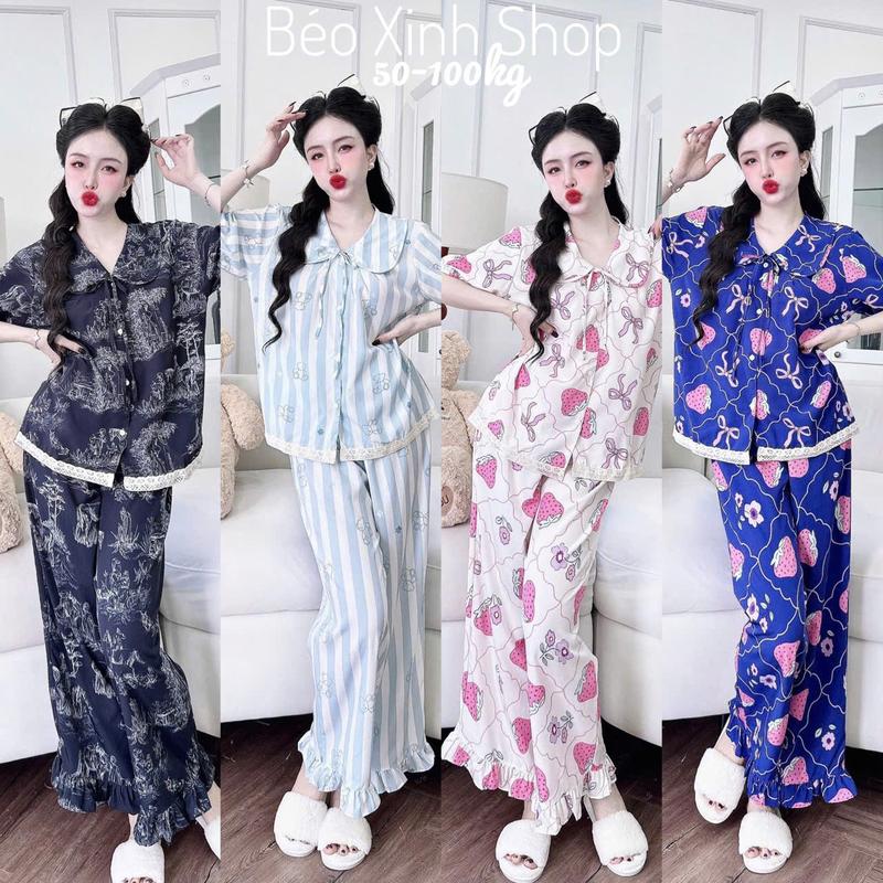 Đồ Bộ - Đồ Ngủ Tay Ngắn Quần Dài Vải Lụa Nhật Phối Ren Tiểu thư Pijama Bigsize 50-100kg Bộ Ngủ Nữ Áo Ngủ Women Quần Ngủ - A.5443