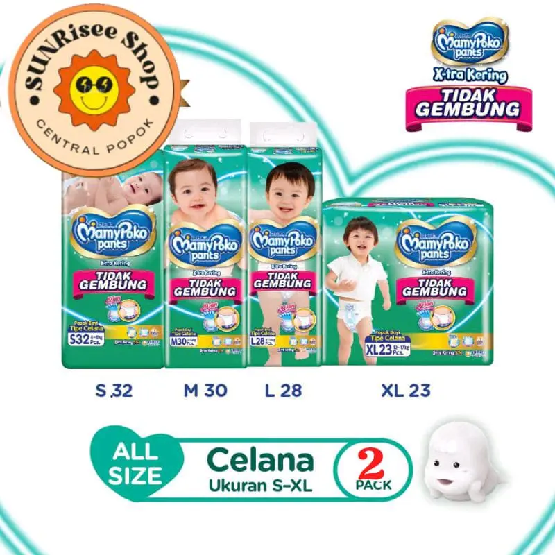 2Ball MamyPoko Pants X-Tra Kering Slim Tidak Gembung S32 M30 L28 XL23 XXL20 Diapers Popok Bayi