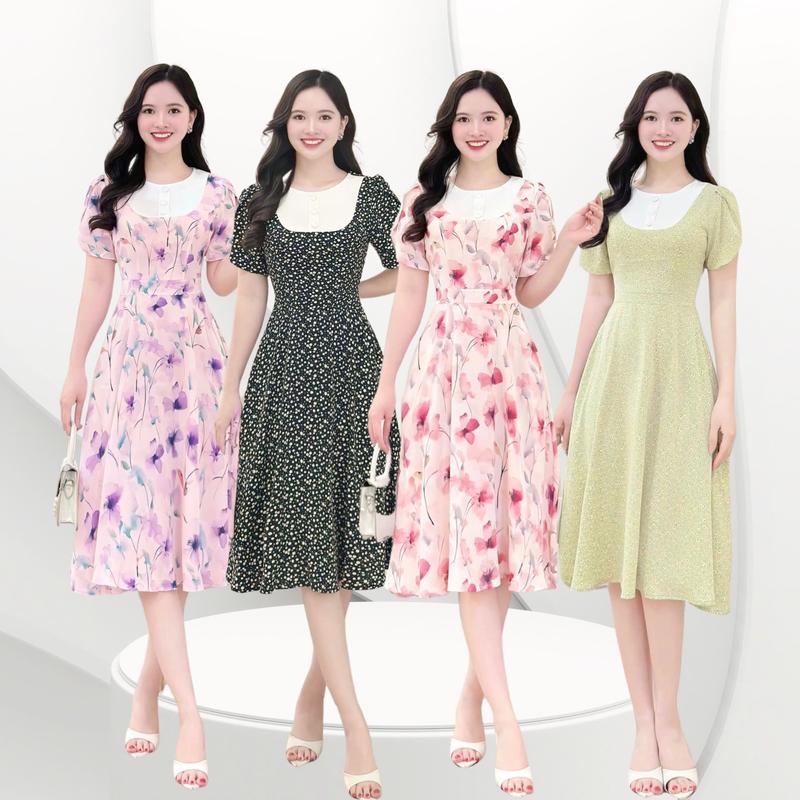 Đầm váy hoa nữ thiết kế Nhật Vy cổ tròn tay ngắn dáng xoè bigsize chất lụa mango công sở đi chơi du lịch màu tím hồng xanh - D3341