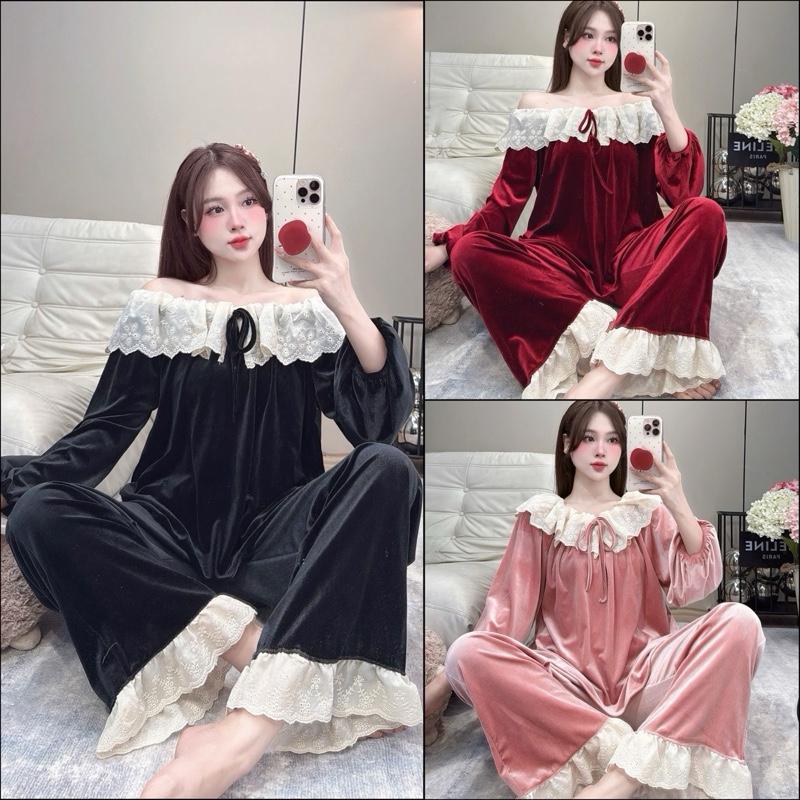 Bộ Ngủ Tiểu Thư Vải Nhung Qc Màu Trơn Phối Ren Dạ Kem Thiết Kế Cổ Bèo Chun có 3 màu lựa chọn đen-đỏ-hồng quần có túi free size 40-63kg Women