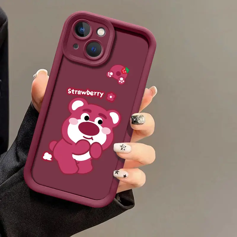 Vỏ silicon cho iPhone 15, 14Pro, 13, 12Promax, XR, XS , XsMax, 11Pro, 7plus, 8plus, 13pro, 15Pro, 14Pro, 14Pro, 14Plus, 7, phim hoạt hình màu hồng, gấu dâu tây dễ thương, bao gồm tất cả Slam 5