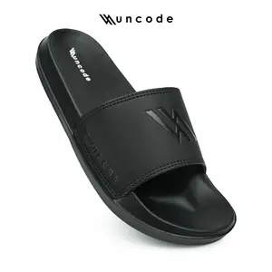 UNCODE Sendal Selop Karet Distro Pria Wanita Logo Emboss Hitam Fullblack / Sandal Slip On / Sandal Slide