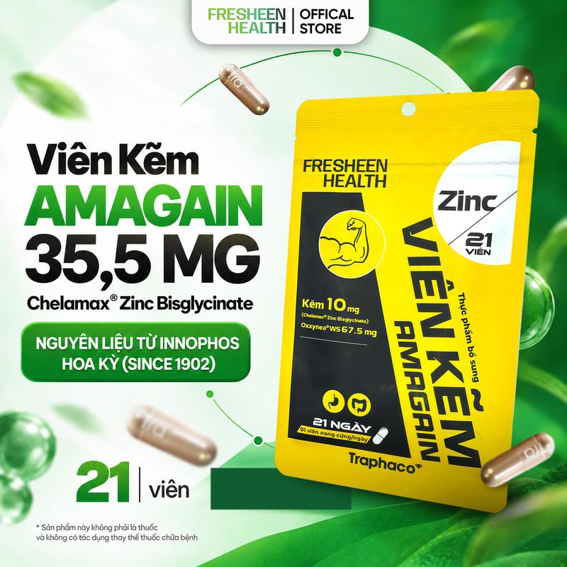 [DEAL SỐC] Viên kẽm AMAGAIN bổ sung Kẽm Chelamax Bisglycinate  phù hợp với người có sức khỏe kém, mệt mỏi, chán ăn rụng tóc - phân phối bởi Fresheen Health