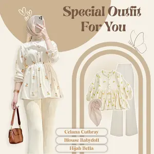 OOTD Hijab Style Oneset (Celana Cutbray + Aida Blouse Babydoll Kiva + Hijab Segi Empat) Setelan Remaja Kekinian - SL024