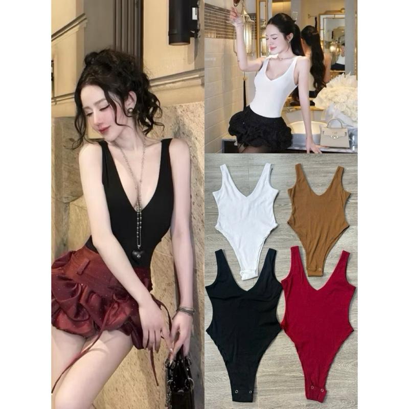 Áo bodysuit cổ V ba lỗ sát nách trơn ôm body sexy tôn dáng