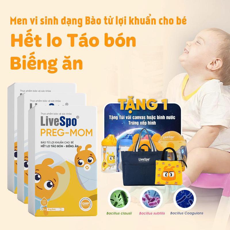Combo 3 hộp Men vi sinh cho Trẻ LiveSpo PREGMOM - 60 tỷ bào tử lợi khuẩn hỗ trợ giảm táo bón rối loạn tiêu hóa, Chậm Tăng Cân Cho Bé (Hộp 20 ống)