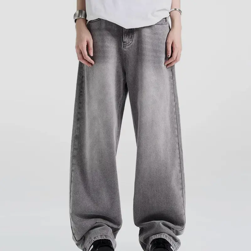 [COD]Men's Retro Washed Jeans Gray Drape Loose Straight Wide Leg American Design Casual Pants  S-3XL
