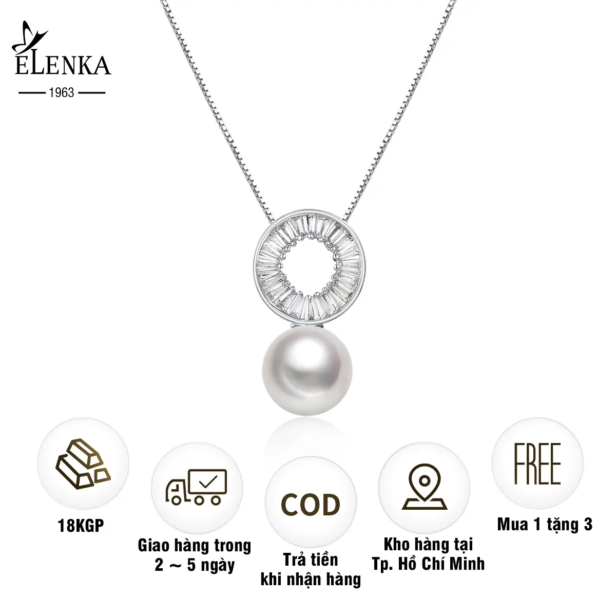 ELENKA - Vòng Cổ Ngọc Trai, Mạ Vàng 18K, Ngọc Trai Tròn