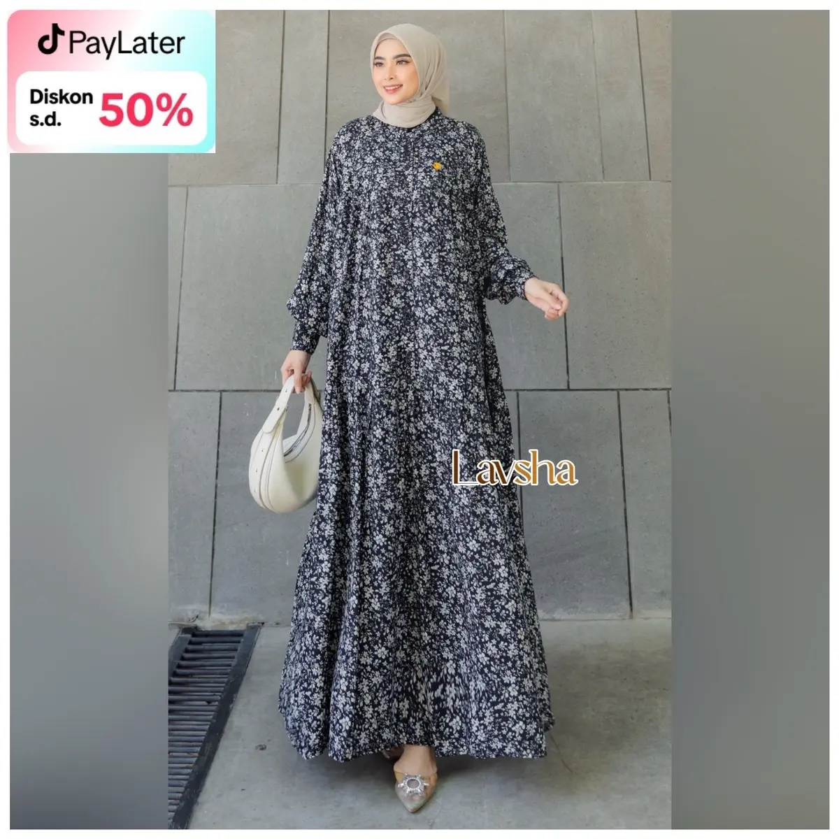 Flora Dress Gamis Wanita Muslim Motif Bunga Bahan Katun Rayon Viscose Busui Kancing Depan