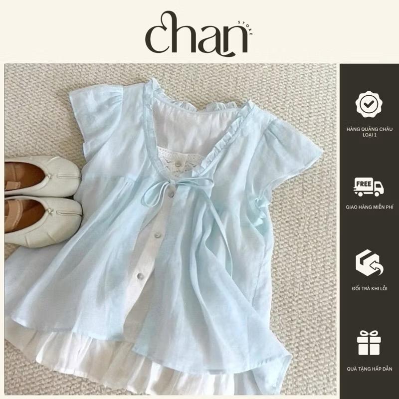 Áo sơ mi kiểu tông màu xanh pastel may liền hai lớp phong cách coquette M1017