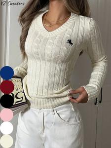 Suéter de Bordado de Caballo para Mujer, Cuello en V, Suéter Casual de Manga Larga para Primavera y Otoño, Prendas de Punto de Moda para Uso Diario