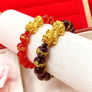 Batu akik alami dengan motif naga emas, gelang Pixiu. Desain Pixiu berongga 3D. (PXSC-)