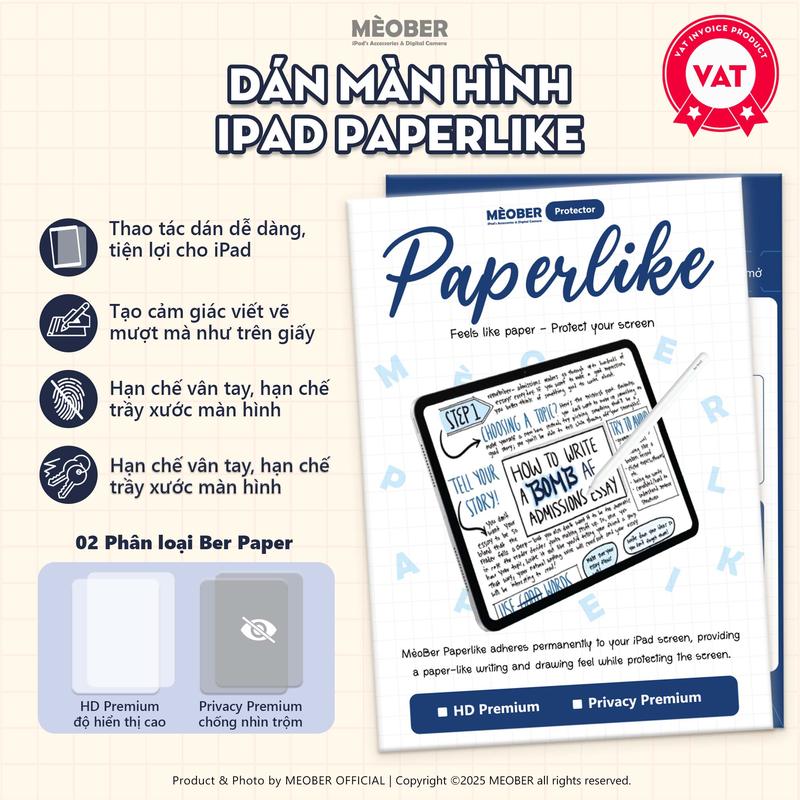   Premium  Dán màn hình iPad Paperlike Nhám - Viết vẽ như trên giấy chống chói hạn chế ánh sáng xanh Ber Paper by MèoBer 