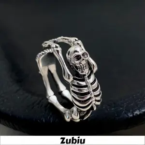 【Zubiu】Cincin logam terbuka berbentuk tengkorak dan kerangka Cincin Perak Uniseks B814