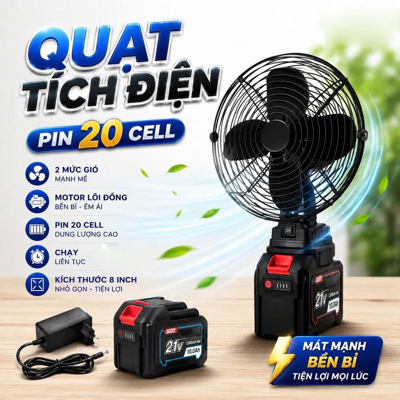 ( Không Xoay Pin20cell ) Quạt Tích Điện Pin 20cell Cánh Sắt Lồng Sắt, Chân Phổ Thông Để Bàn 2 Cấp Độ Gió Siêu Mát tiện lợi