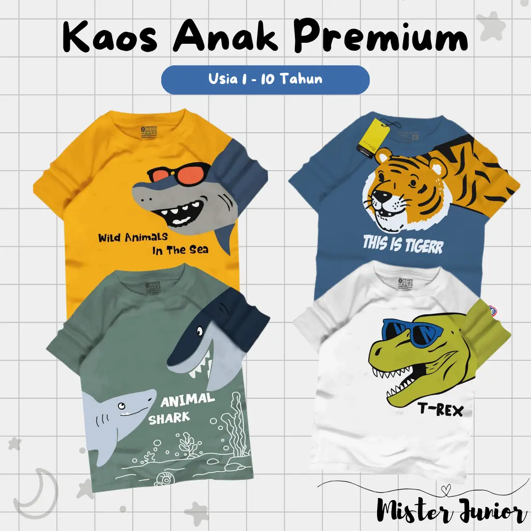 Kaos anak laki-laki usia 1-12 Tahun Series Binatang Kartun Shark Harimau T-rex Bahan Katun Premium