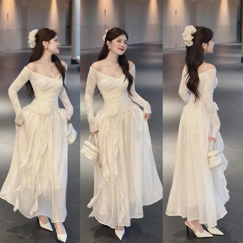 BIGSIZE HIẾU HIẾU 55-95KG - Váy maxi đi biển tay dài ren trễ vai phối hoa eo D463