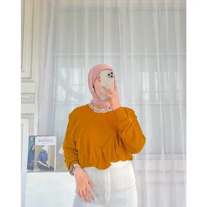 ￼Lady Sweater Blouse V Ruffle Rumbai Rib Knit Aronna atasan rajut 2