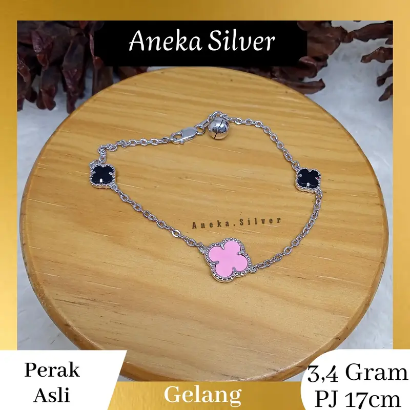 Gelang Nori Bunga Pink Hitam Perak 925 - Model Terbaru 0