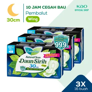 Laurier Natural Clean Daun Sirih Night Wing Triplepack Perawatan Kewanitaan Sanitary Napkin Pembalut   Pads Anti Bakteri Protektsi 30 cm/ isi 16 pads Anti Bau dan Bakteri