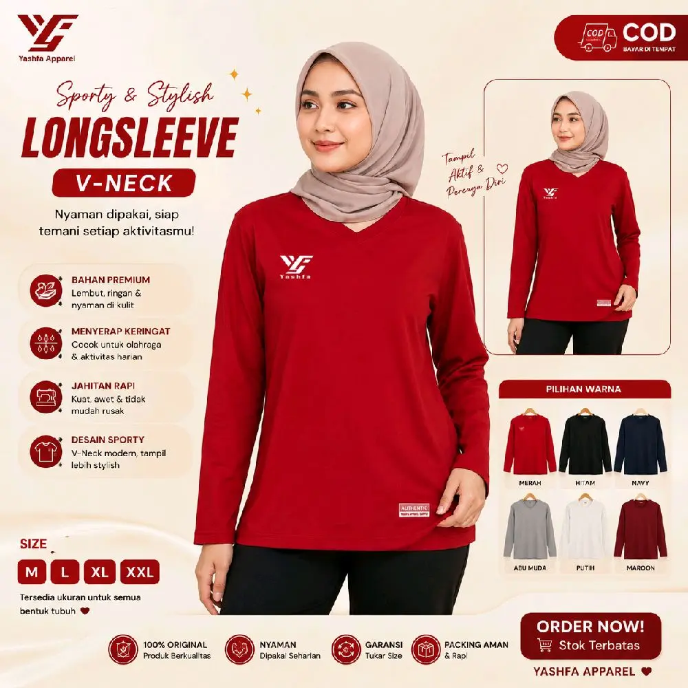 Yashfa Apparel Baju atasan Wanita Longsleeve V-Neck Sporty & Stylish Bahan Premium Nyaman Dipakai untuk Aktivitas Harian