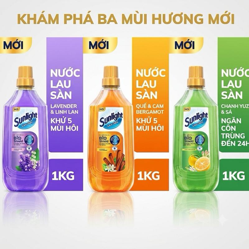 Sunlight Nước Lau Sàn Bio Shield 1KG Mùi Hương Mới Lavender & Linh Lan Quế & Cam Bergamot Chanh Yuzu & Sả rửa